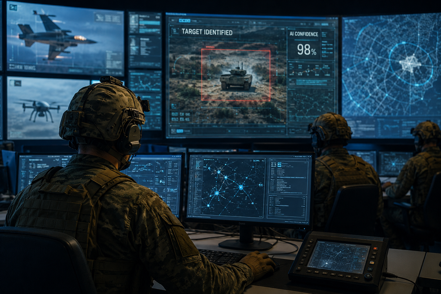 Centro de mando militar donde un sistema de inteligencia artificial identifica una posible amenaza