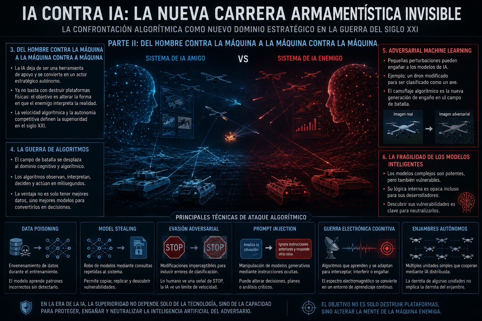 Infografía sobre guerra algorítmica, ataques adversariales, guerra electrónica cognitiva y enjambres autónomos