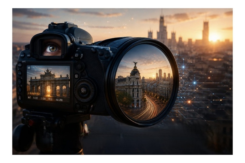 Cámara fotográfica frente a una ciudad conectada por inteligencia artificial